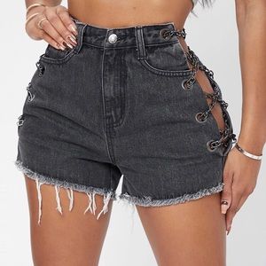 Chain Detail Lace Up Side Fringe Hem Denim Shorts